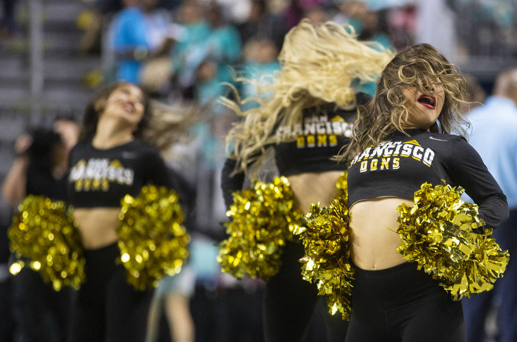 The San Francisco Dons spirit squad performs in the second half during their West Coast Confere ...