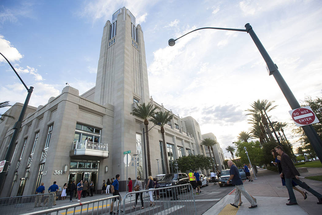 People arrive for the opening night of "Hamilton" at Reynolds Hall at The Smith Center in Las V ...