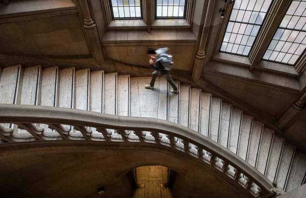 A stairway at the University of Washington's Suzzallo library Friday, March 6, 2020., after in- ...