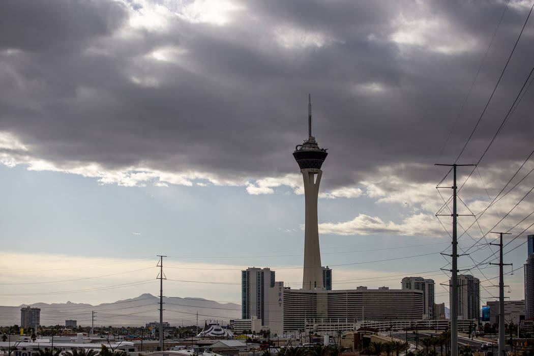 Heavy clouds roll in over the Las Vegas Strip on Wednesday, Nov. 27, 2019. (Elizabeth Brumley / ...