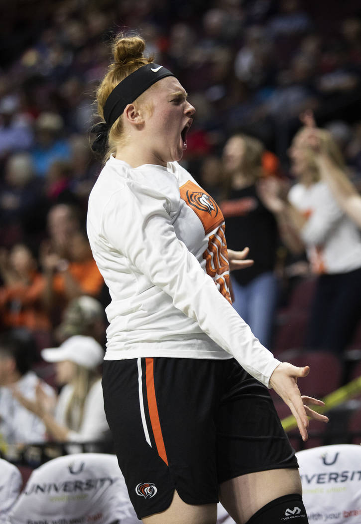 University of the Pacific's Madalene Ennis (33) cheers after her team scored against University ...