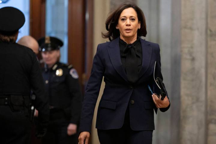 Sen. Kamala Harris, D-Calif., arrives on Capitol Hill in Washington, Friday, Jan. 31, 2020, for ...