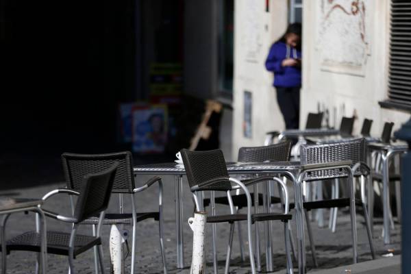 Chairs are empty at a cafe in Largo Argentina square amid growing concern about the spread of a ...