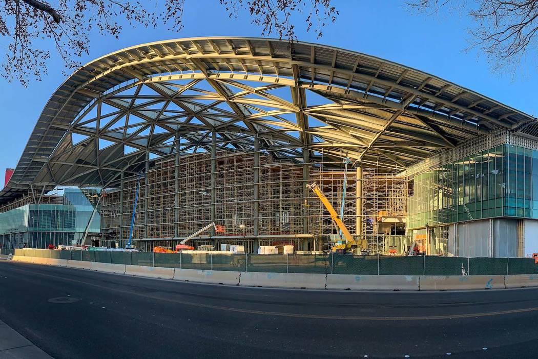 A view of the grand entry on the south facade of the new West Hall as construction continues on ...