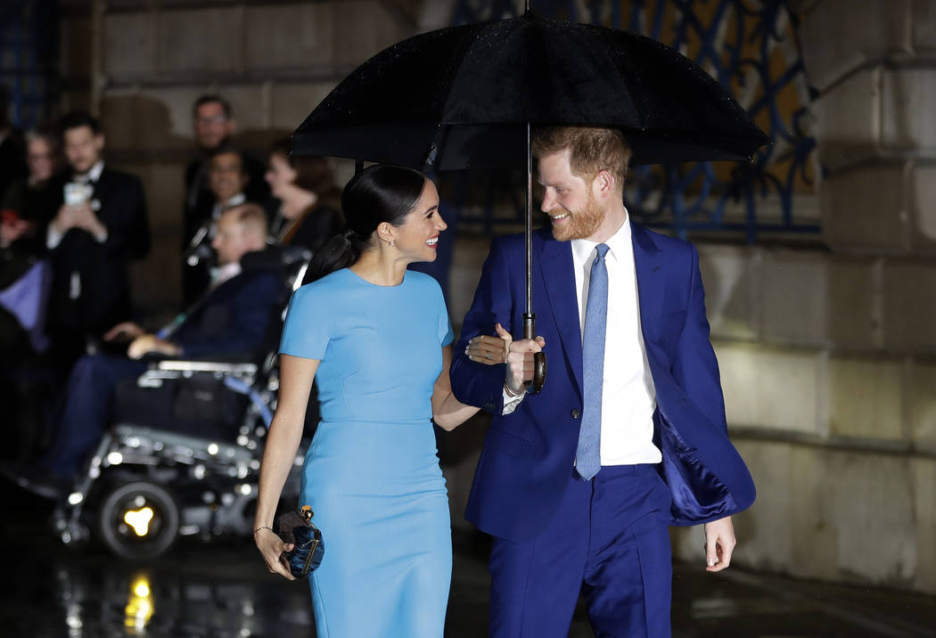In a Thursday, March 5, 2020, file photo, Britain's Prince Harry and Meghan, the Duke and Duche ...