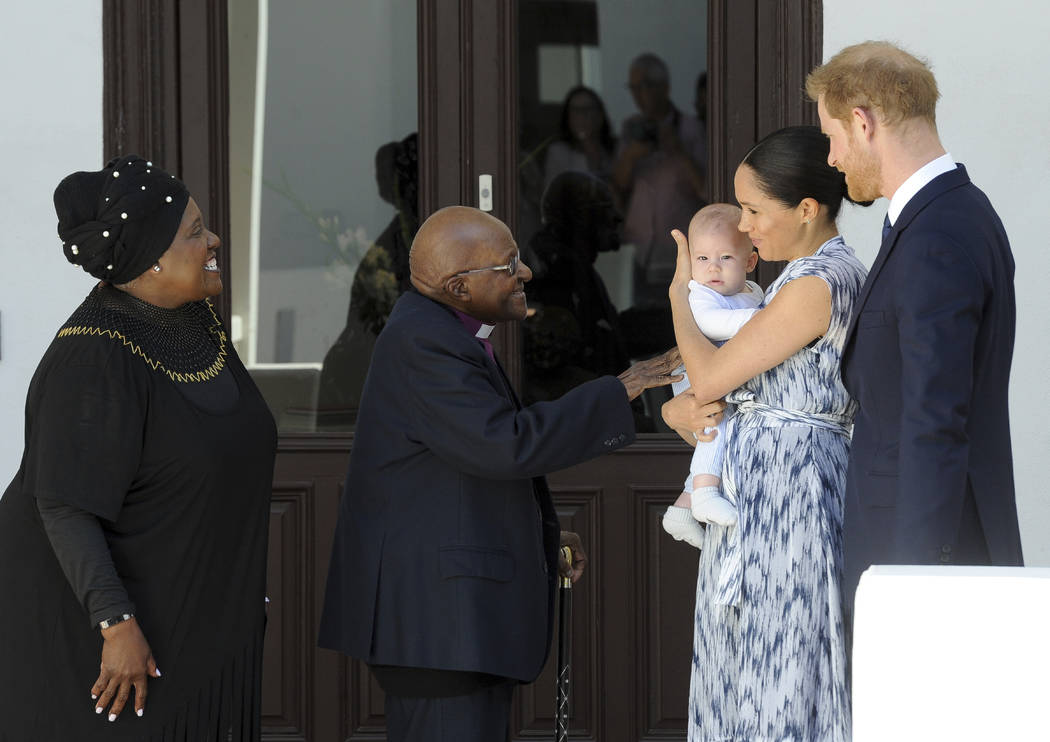 FILE - In this Wednesday, Sept. 25, 2019 file photo, Britain's Prince Harry and Meghan, Duchess ...
