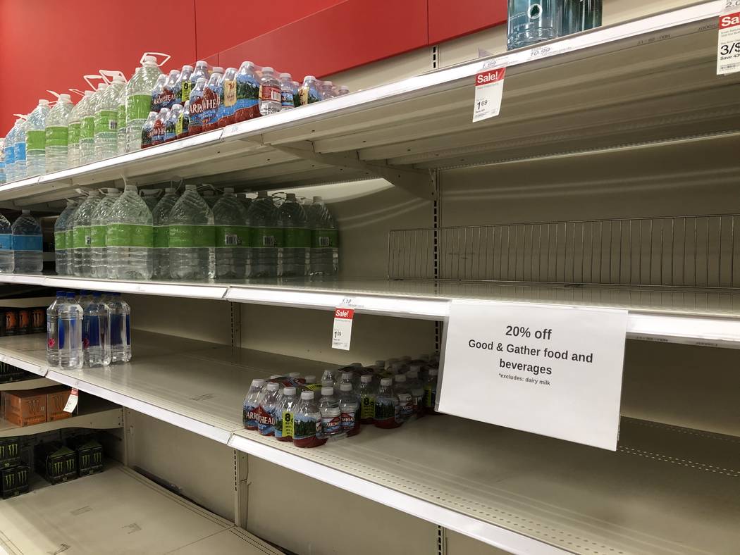 Empty shelves are seen at Target at 350 West Lake Mead Parkway in Henderson on Monday, March 9, ...