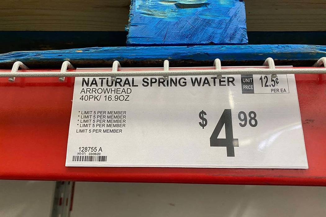 A sign shows limits on purchasing bottled water at Sam’s Club at 1910 E. Serene Ave. in Las V ...