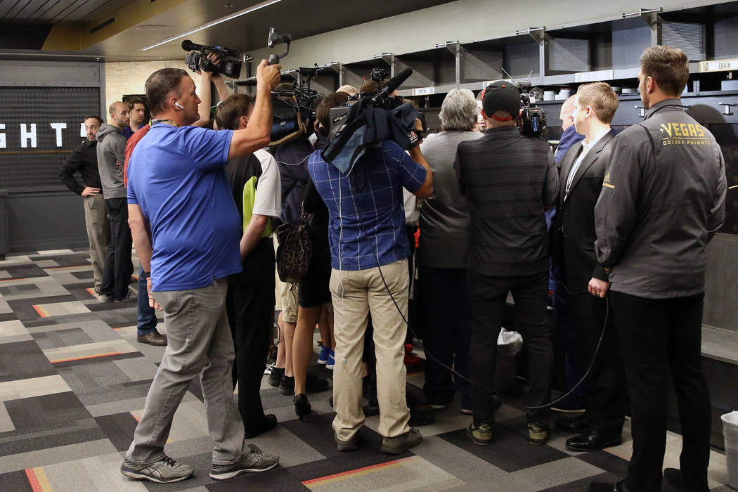 Golden Knights players address the media at their locker room at City National Arena on Thursda ...