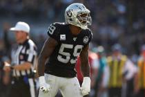 Oakland Raiders outside linebacker Tahir Whitehead (59) reacts after tackling Detroit Lions run ...