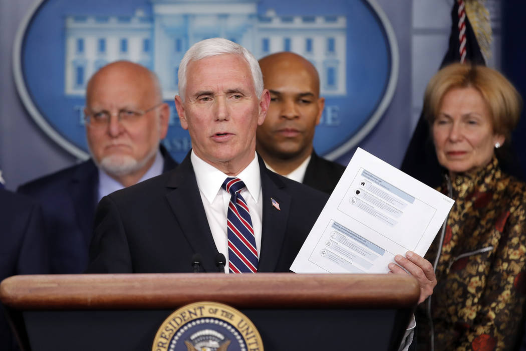 Vice President Mike Pence speaks in the briefing room of the White House in Washington, Monday, ...