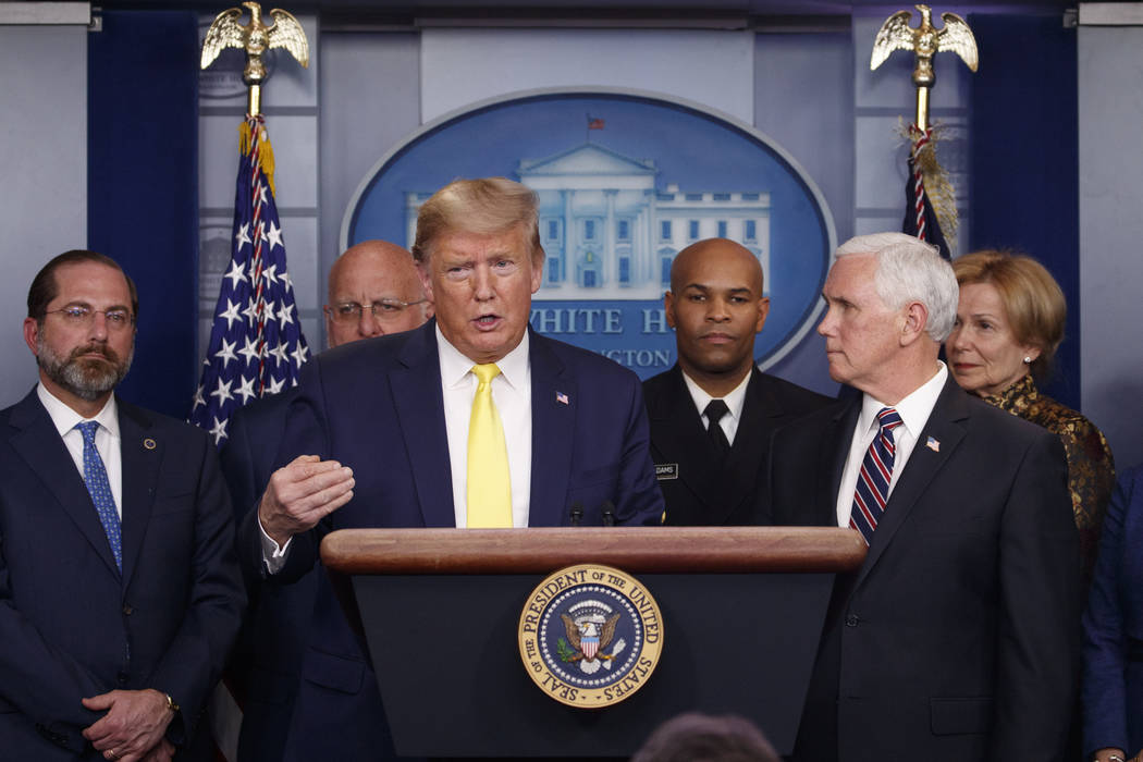 President Donald Trump speaks in the briefing room of the White House in Washington, Monday, Ma ...