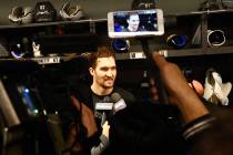 Golden Knights forward Mark Stone is interviewed in the locker room at City National Arena in L ...