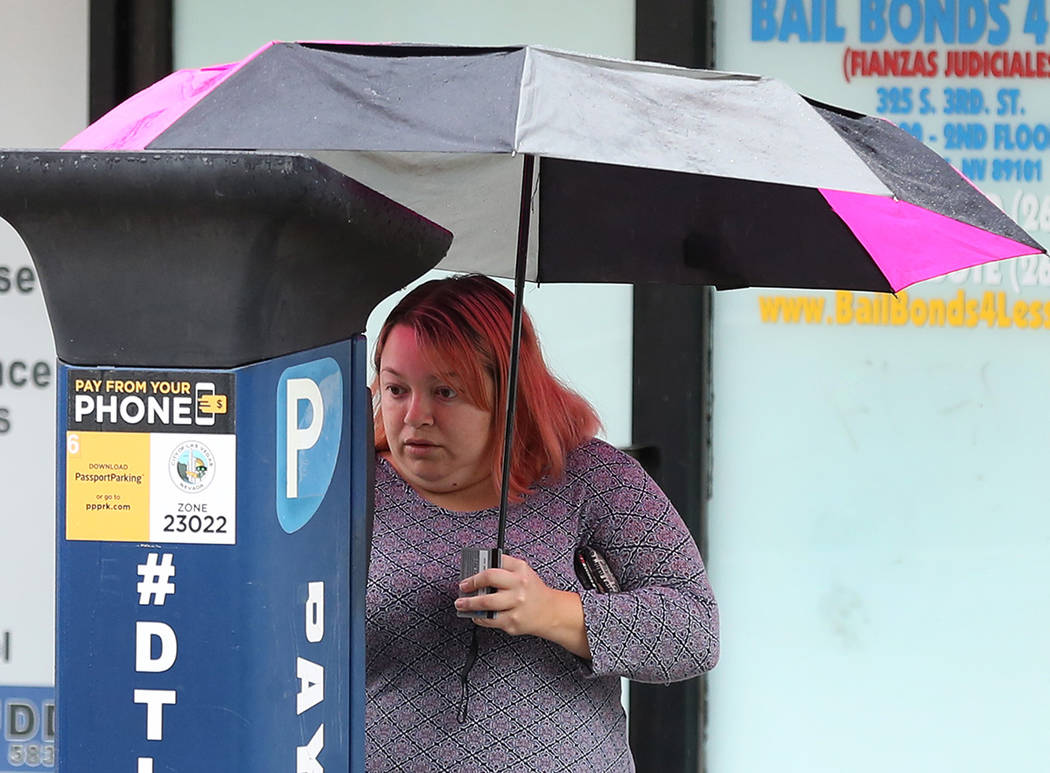 A woman holds un umbrella to protect herself from rain as she pays for her street parking on Th ...