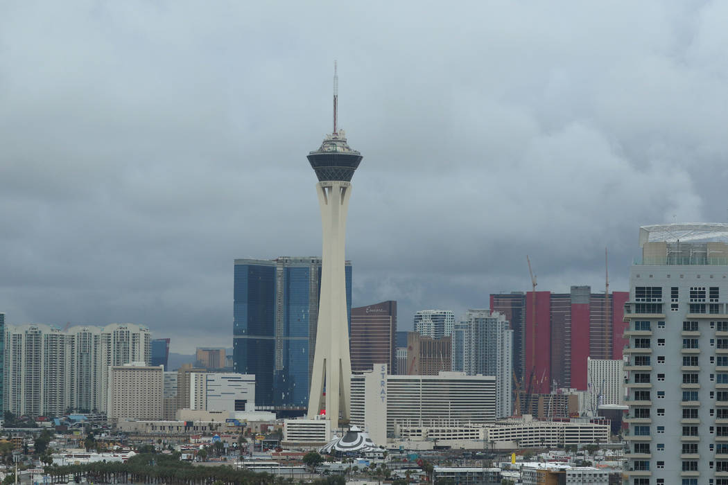 Clouds linger over the Las Vegas valley on Tuesday, March 10, 2020, in Las Vegas. A slow-moving ...