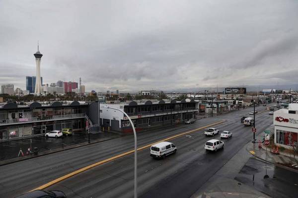 Cars commute in the Arts District in Las Vegas Tuesday morning, March 10, 2020. (Elizabeth Page ...