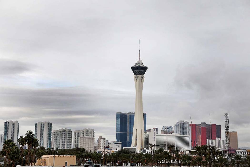 The Las Vegas skyline is seen early Tuesday morning, March 10, 2020. (Elizabeth Page Brumley/La ...