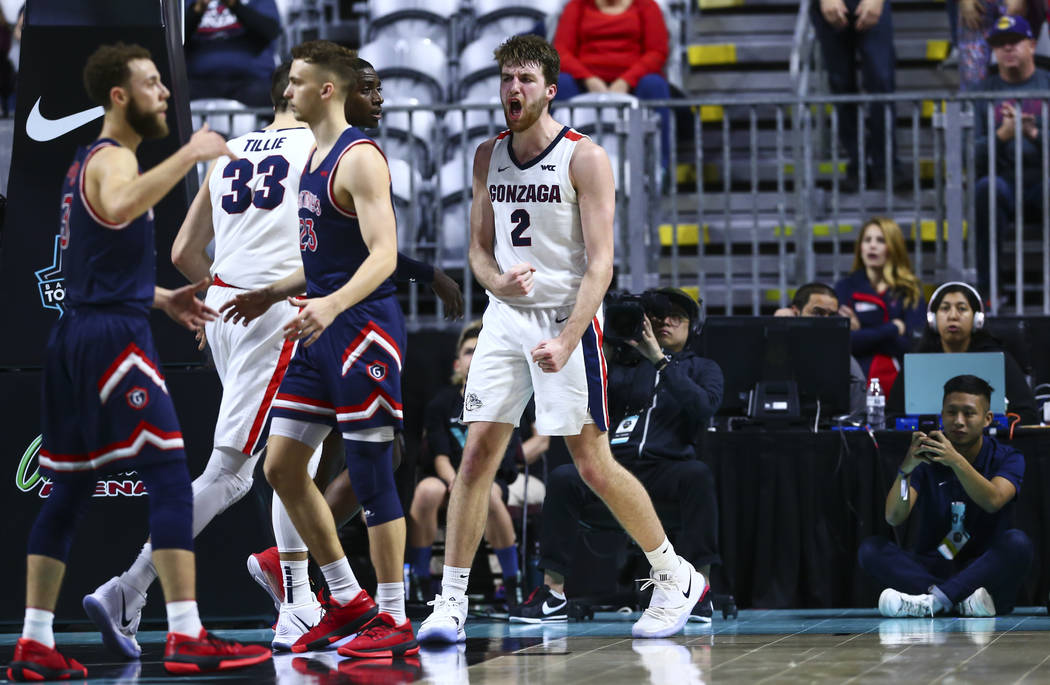 Gonzaga Bulldogs' Drew Timme (2) reacts during the first half of the West Coast Conference tour ...