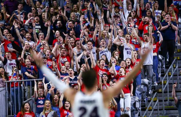 Gonzaga Bulldogs fans cheer during the first half of the West Coast Conference tournament champ ...