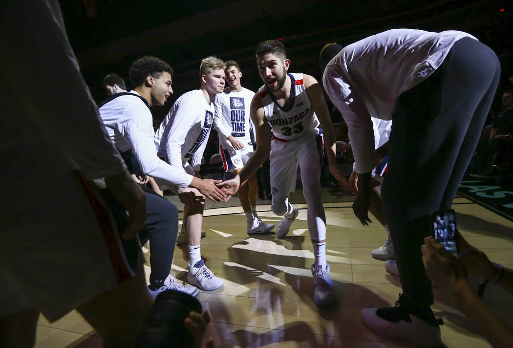 Gonzaga Bulldogs' Killian Tillie (33) is introduced before the start of the West Coast Conferen ...