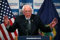 Sen. Bernie Sanders, I-Vt., speaks to reporters about the coronavirus Thursday March 12, 2020, ...