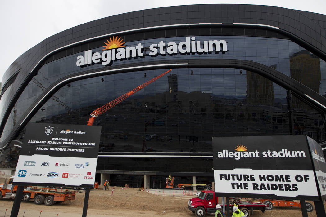 Signage is installed at the Raiders Allegiant Stadium in Las Vegas, Tuesday, March 10, 2020. (E ...