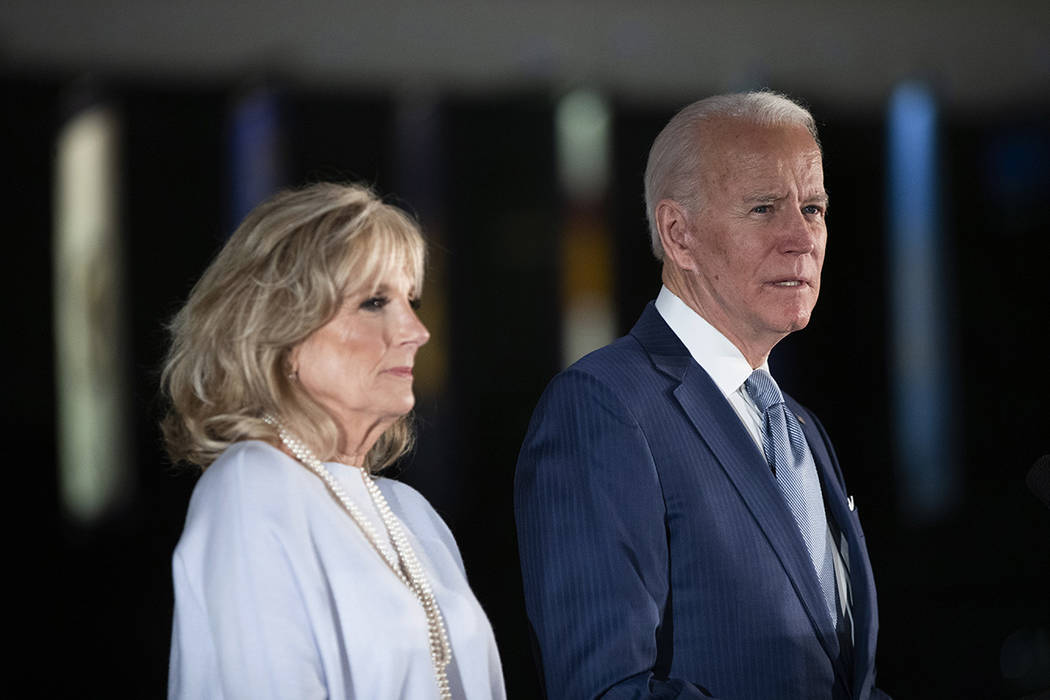 Democratic presidential candidate former Vice President Joe Biden, accompanied by his wife Jill ...