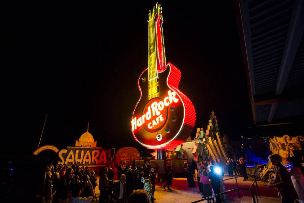 The Hard Rock Cafe Guitar Sign is illuminated for the first time in public during a special eve ...