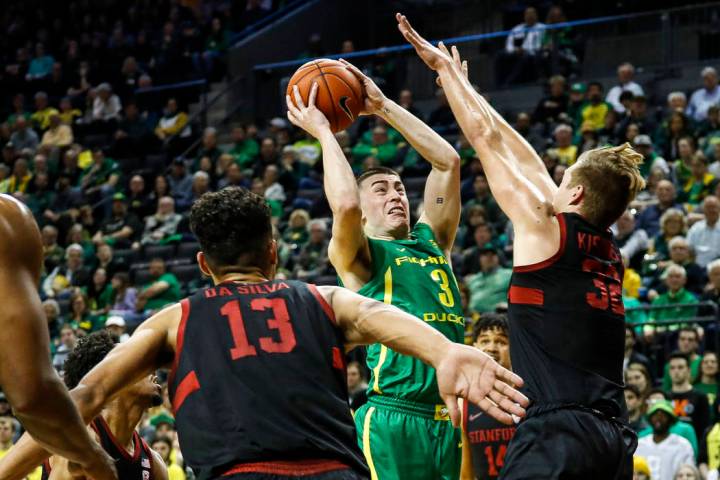 Oregon guard Payton Pritchard (3) shoots against Stanford forward Lukas Kisunas (32) during the ...