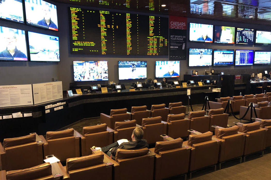 Harrah's casino sportsbook pictured on March 12, 2020, in Las Vegas. (Bizuayehu Tesfaye/Las Veg ...