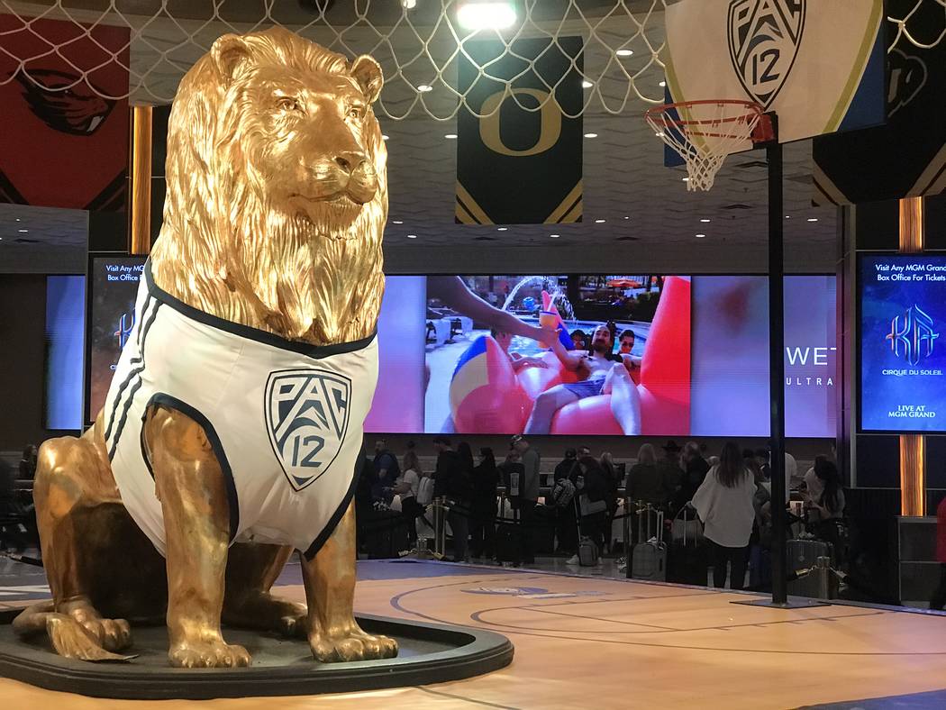 The lobby at MGM Grand hotel-casino on March 12, 2020, in Las Vegas. (Ellen Schmidt/Las Vegas R ...