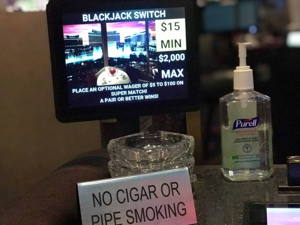 Purell at a blackjack switch table at Paris Las Vegas pictured on Marrch 12, 2020. (Ellen Schmi ...