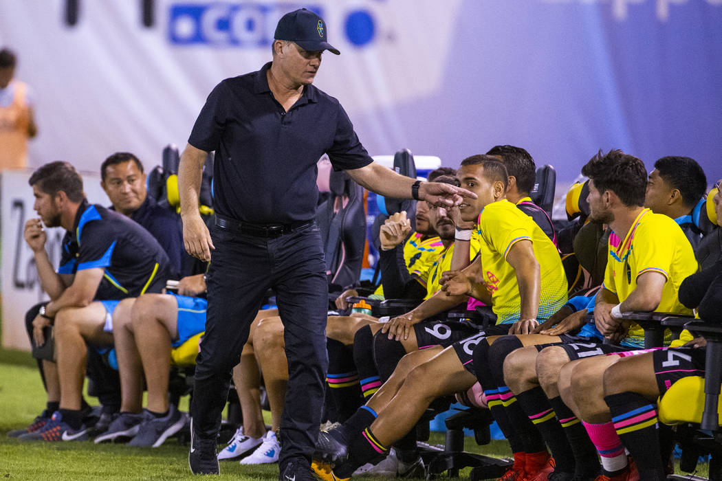 Las Vegas Lights FC head coach Eric Wynalda has a few words for a player on the bench during th ...