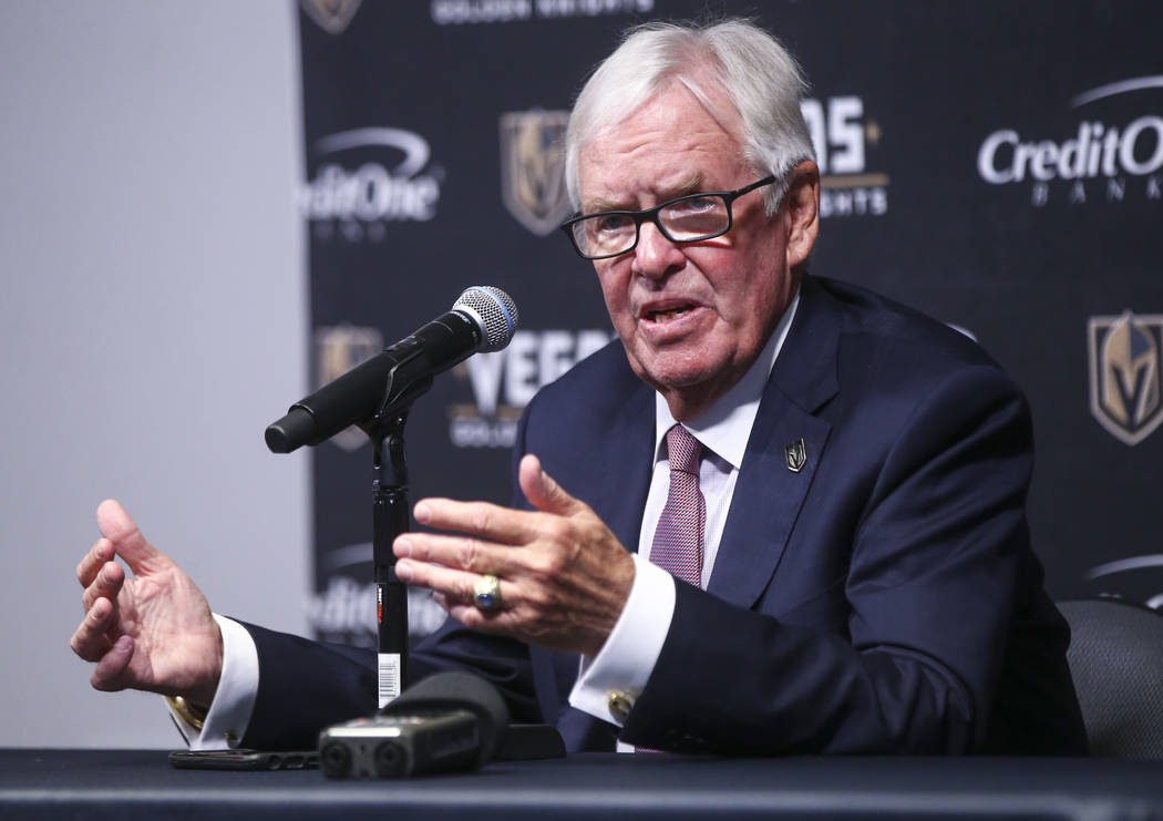 Vegas Golden Knights owner Bill Foley speaks between periods as his team plays the Arizona Coyo ...