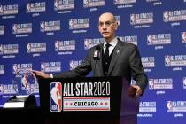 NBA Commissioner Adam Silver unveils the NBA All-Star Game Kobe Bryant MVP Award during a news ...