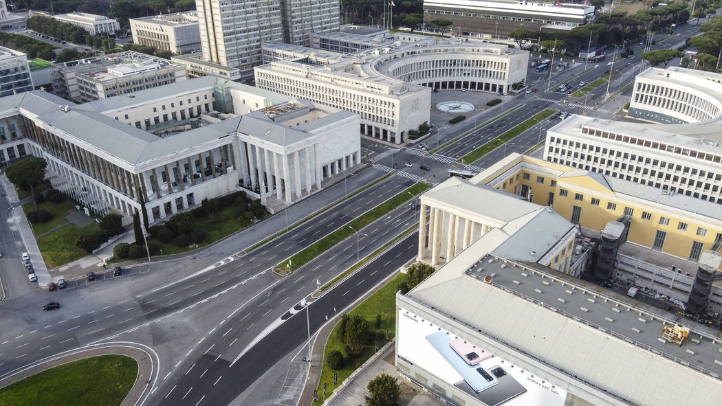 This aerial image taken on Thursday, March 12, 2020, shows Rome's office district at what would ...