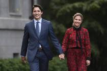 In this Wednesday, Sept. 11, 2019 photo, Canada's Prime Minister Justin Trudeau and his wife So ...