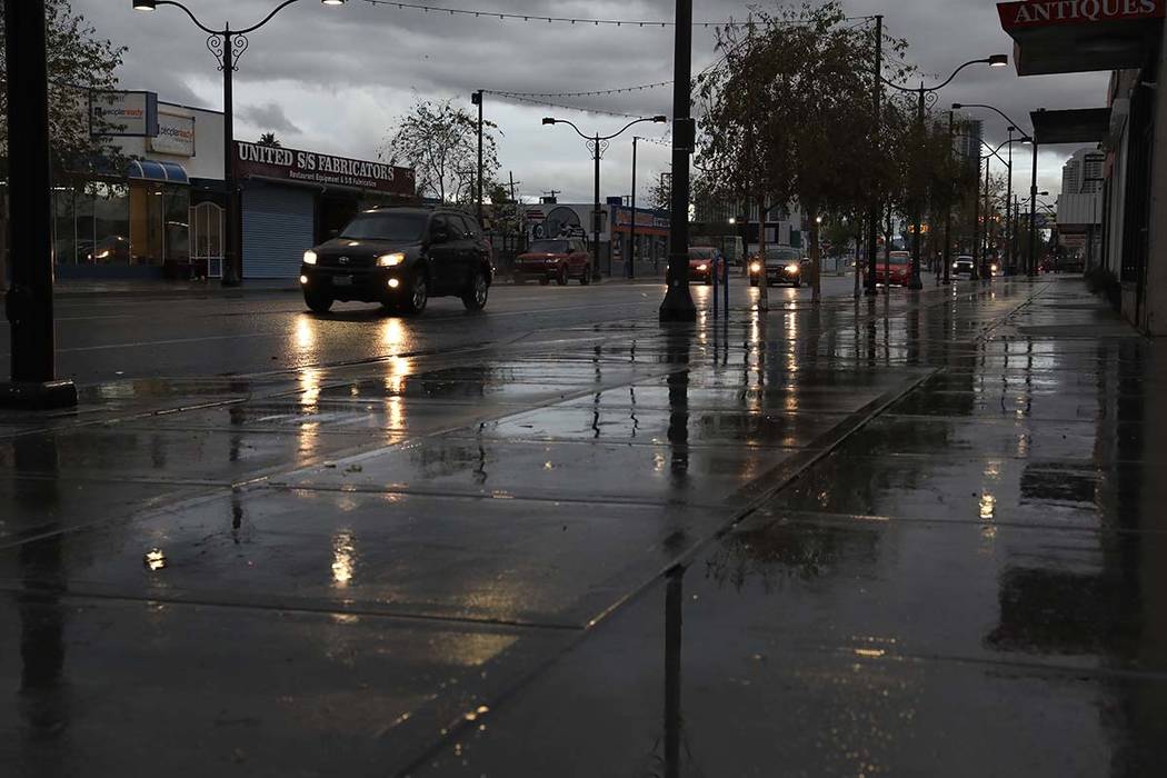 Downtown Las Vegas after overnight rain on Friday, March 13, 2020. (Elizabeth Page Brumley/Las ...