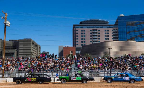 Drivers prepare to compete during the inaugural Casino Battle Royale Demolition Derby at the Co ...