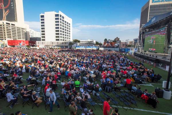 The crowd at a watch party for the Super Bowl LIV at the Downtown Las Vegas Events Center in La ...