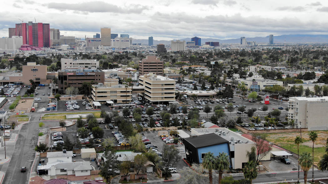 Aerial view of part of the Las Vegas Medical District which includes UMC hospital and UNLV Scho ...