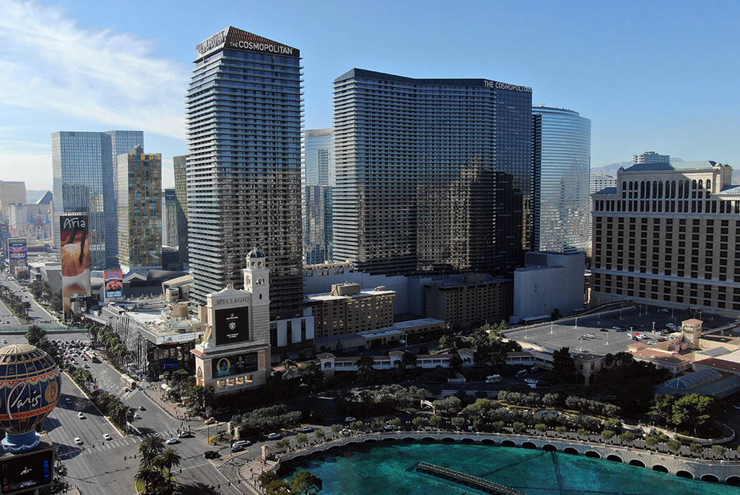 Aerial photo of the Cosmopolitan hotel casino as seen on Friday, January 24, 2020. (Michael Qui ...