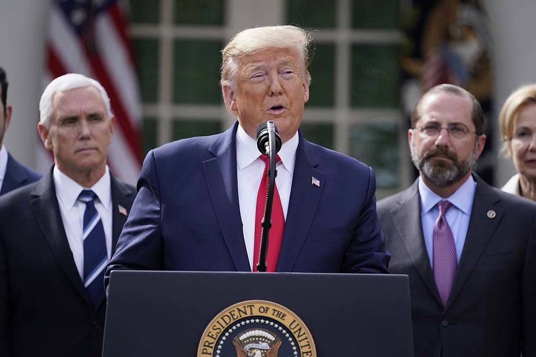 President Donald Trump speaks during a news conference about the coronavirus in the Rose Garden ...