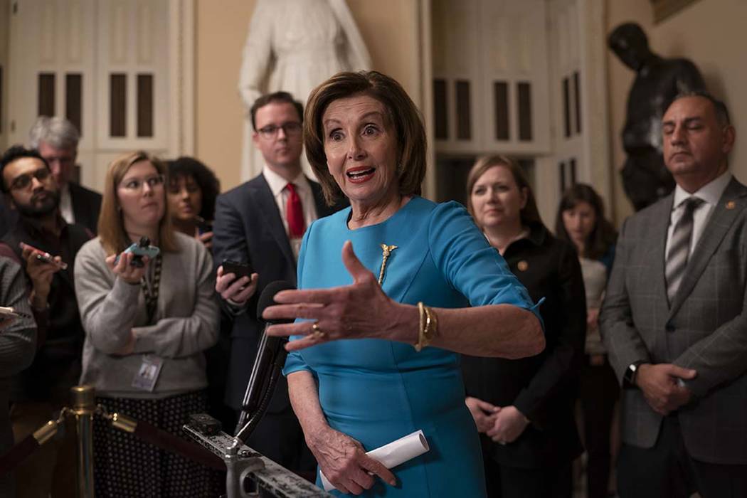 Speaker of the House Nancy Pelosi, D-Calif., makes a statement ahead of a planned late-night vo ...