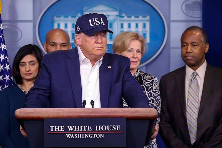 President Donald Trump speaks during a briefing on coronavirus in the Brady press briefing room ...