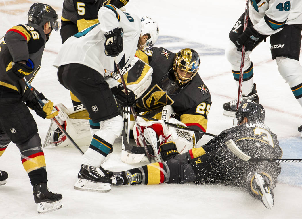 Vegas Golden Knights goaltender Marc-Andre Fleury (29) makes another stop in traffic versus the ...