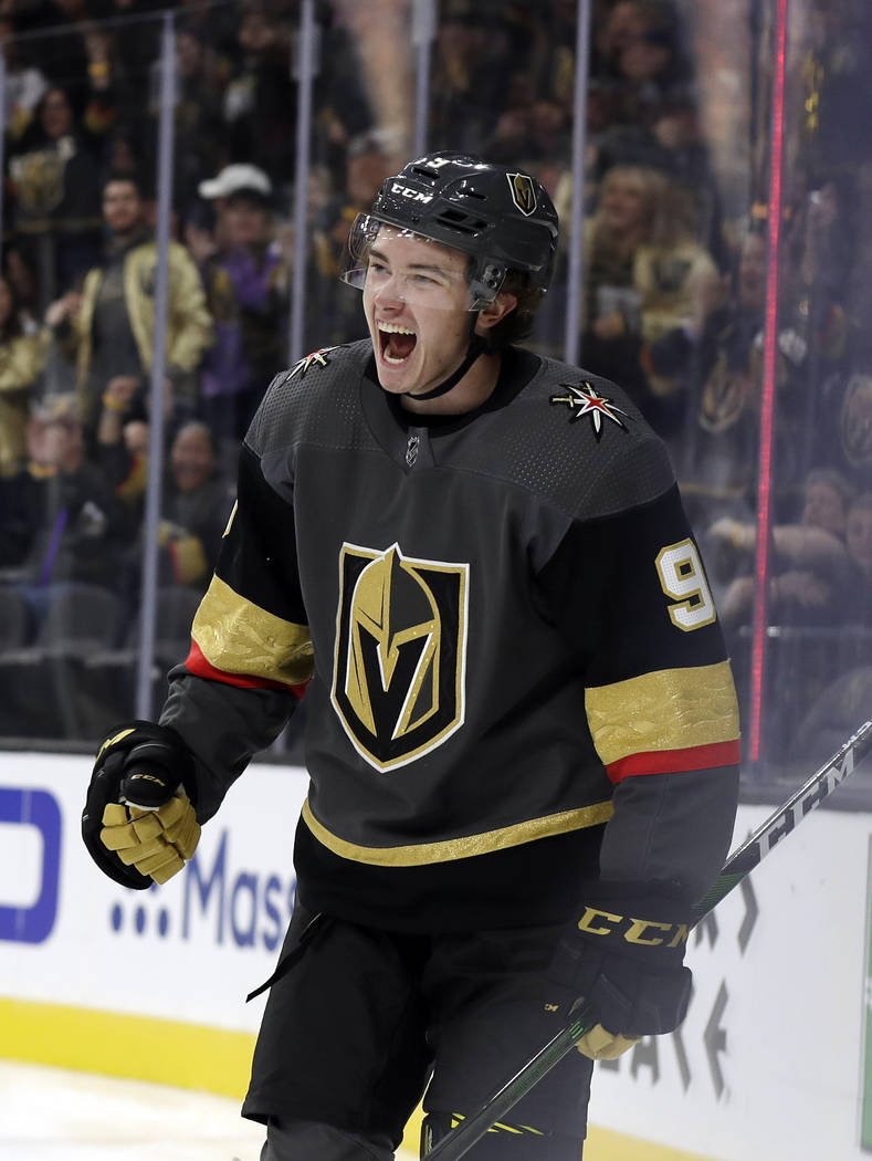 Vegas Golden Knights center Cody Glass reacts after scoring against the San Jose Sharks during ...
