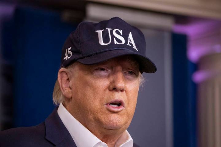 President Donald Trump speaks during a news conference about the coronavirus in the James Brady ...