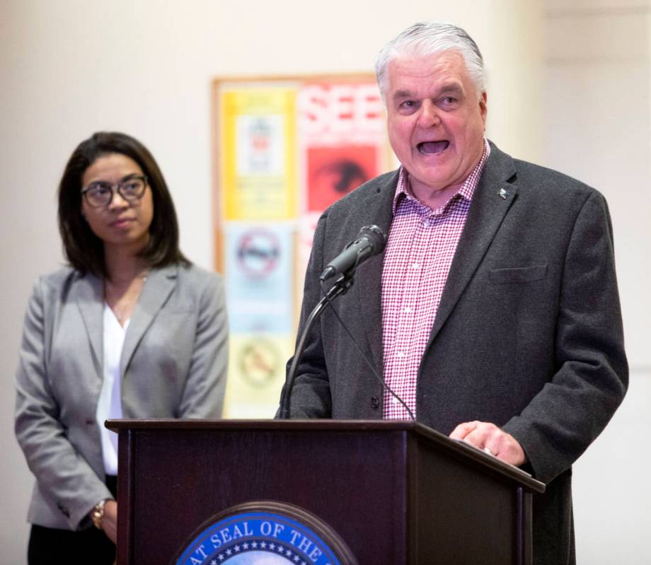 Gov. Steve Sisolak gives remarks on the COVID-19 situation at the Sawyer Building on Sunday, Ma ...