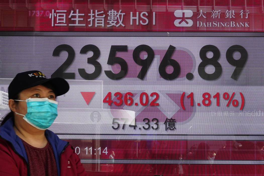 A woman wearing face mask walks past a bank electronic board showing the Hong Kong share index ...